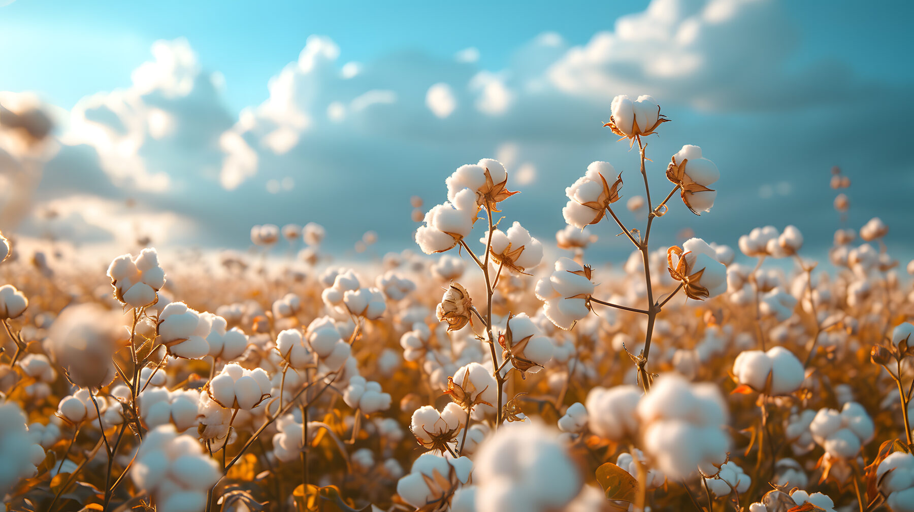 U.S. cotton field at harvest under a blue sky
